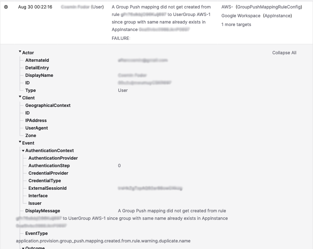 Error during Group Push By Rule: A Group Push mapping did not get created  from rule xxx to UserGroup xxx since group with same name already exists in  AppInstance xxx