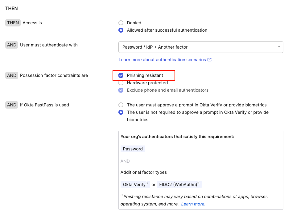Okta Security Knowledge Phishing Resistant Factors