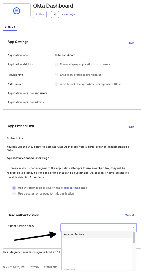 Okta Dashboard Application Settings