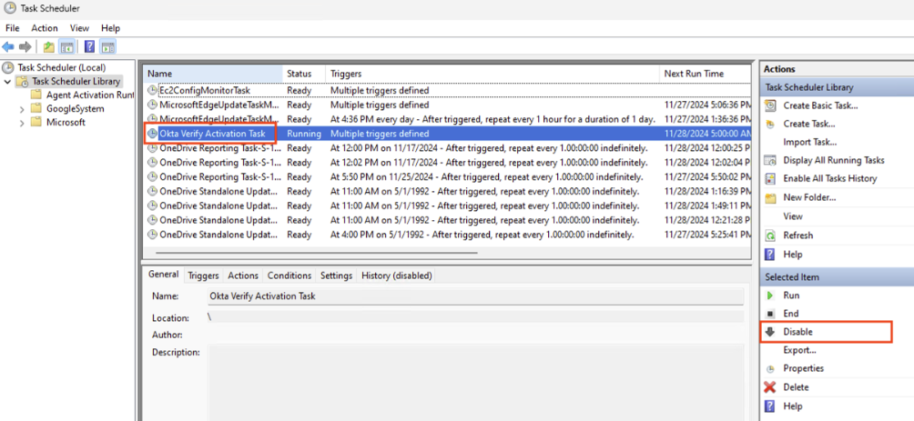 disable the registered task