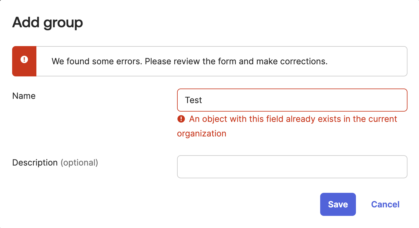 What is shown after you try and create a group with the same name inside Okta
