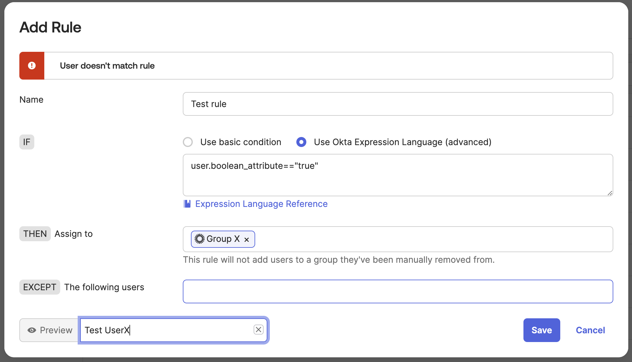 Add rule section showing the boolean operator.