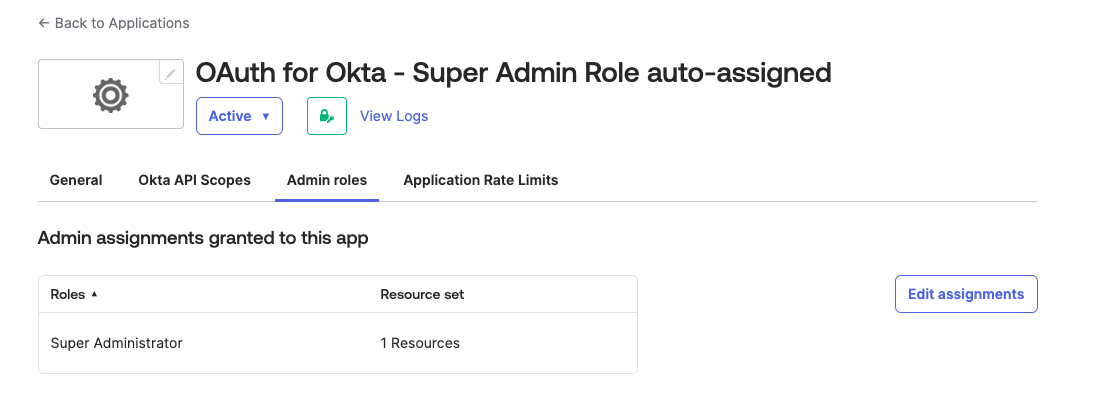 Admin roles tab showing that the Super Administrator role has been granted to the API Services app