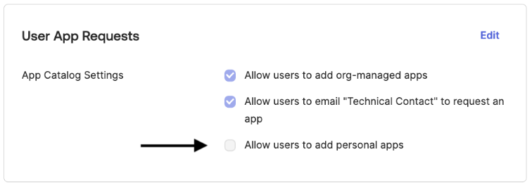Deselect "Allow users to add personal apps"