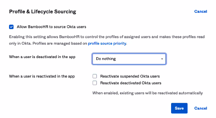 "When a user is deactivated in the app" - "Do Nothing"