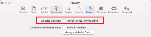 "Prevent Cross-Site Tracking" checkbox
