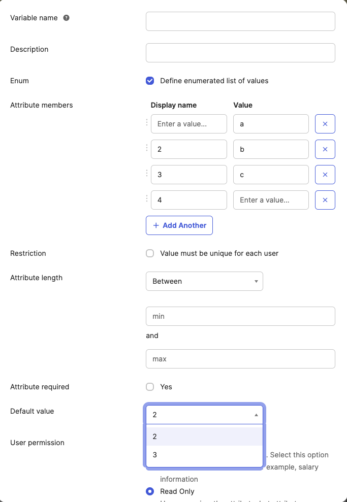"display name" dropdown
