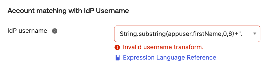 Account matching with IdP Username error message