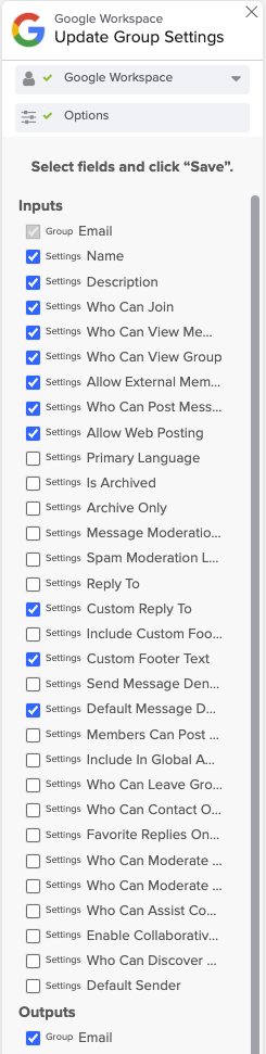 Example of the minimum fields that need to be selected.