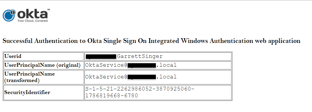 Successful Authentication to Okta SSO IWA