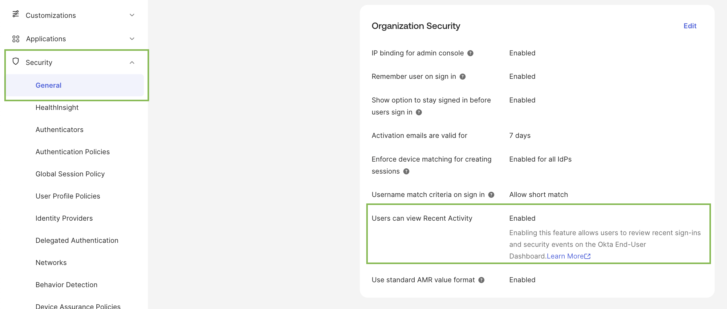 Organization Security section
