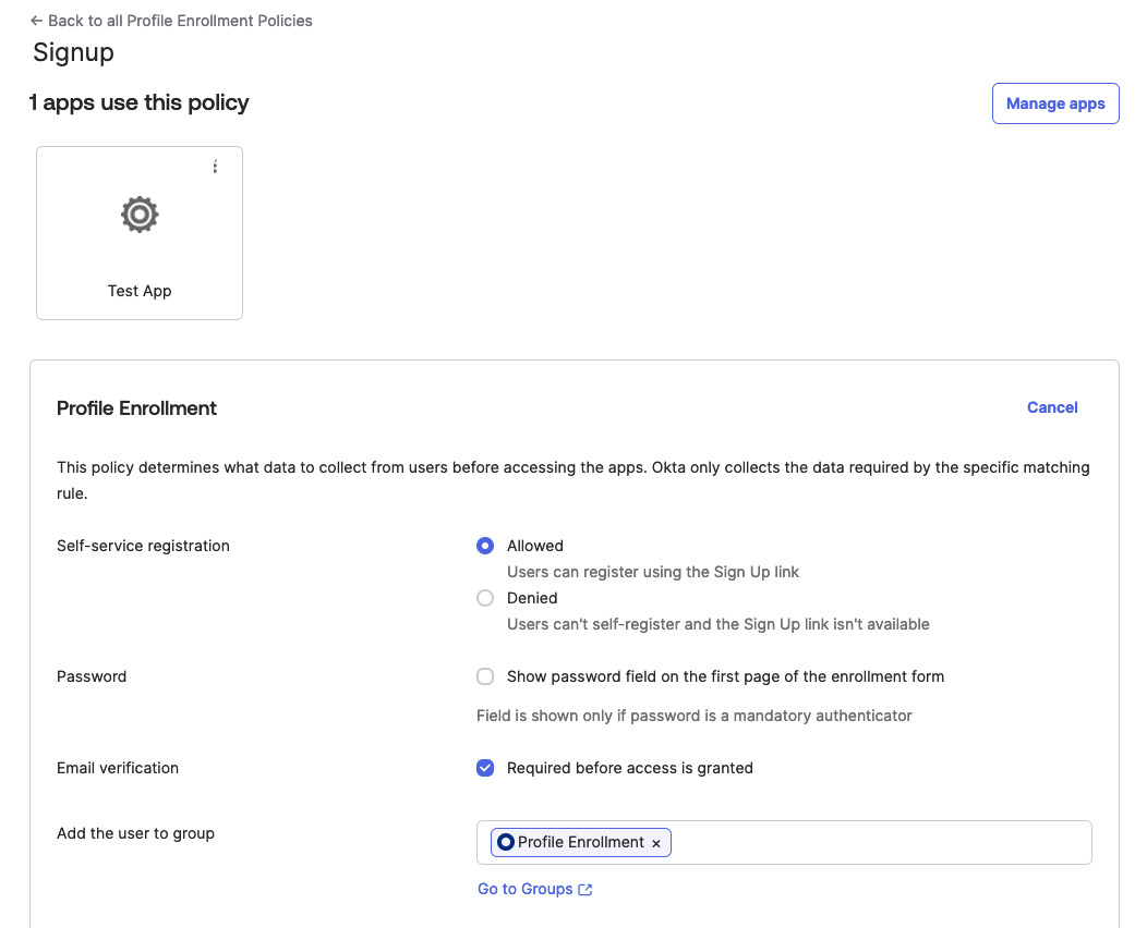 Profile Enrollment Policy, users assigned to group