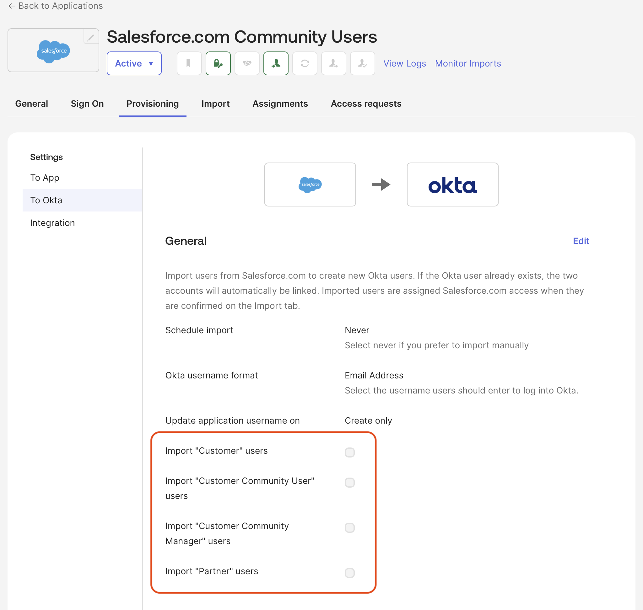 Salesforce OIN app provisioning settings