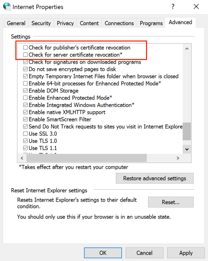 Internet Options configuration screen