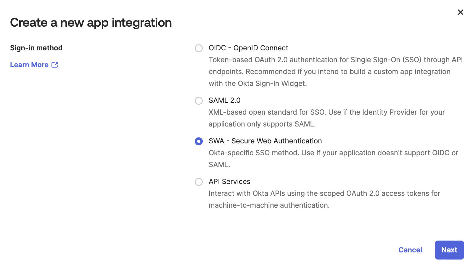 Create new app integration