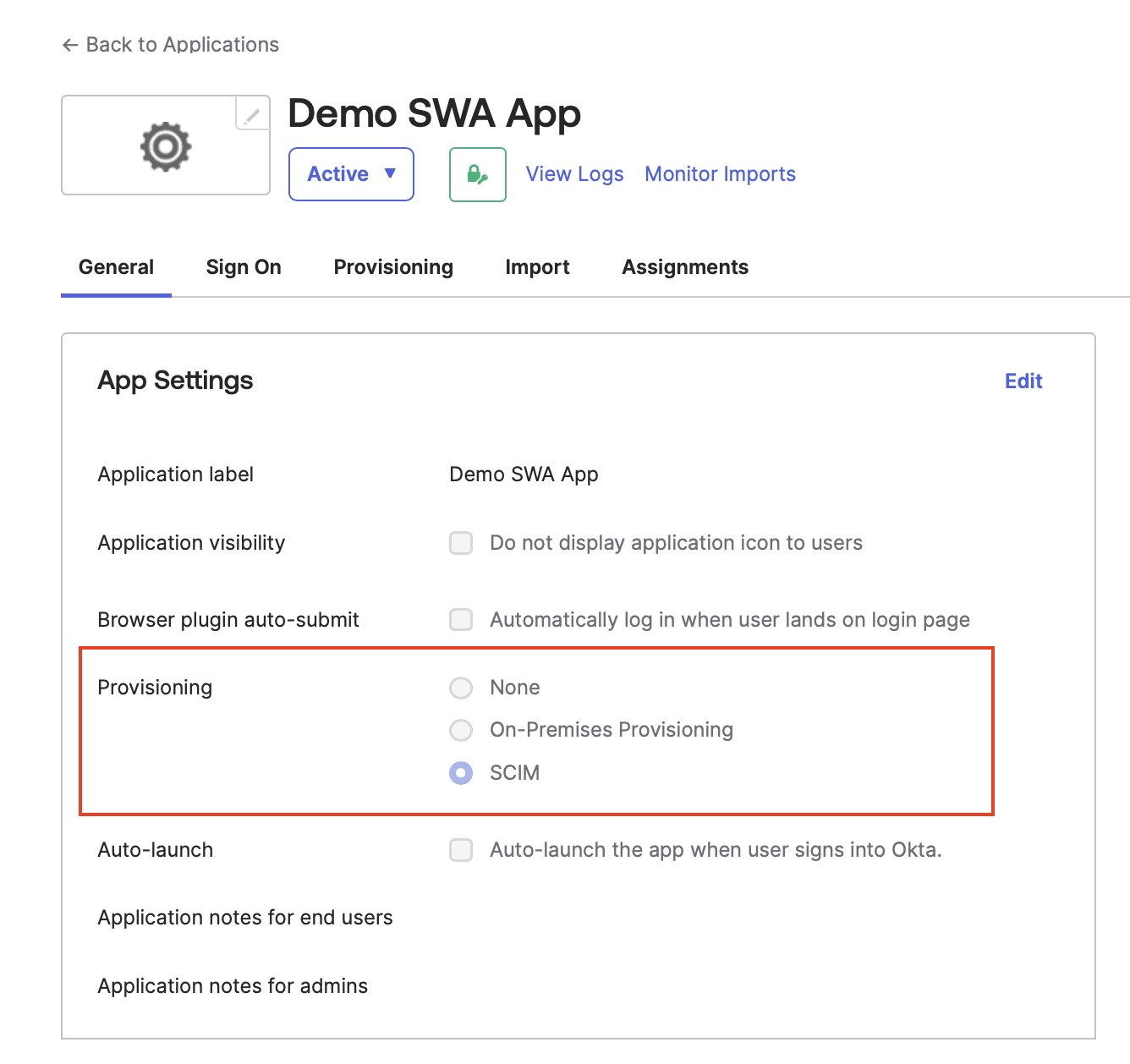 SWA App - General&nbsp;tab