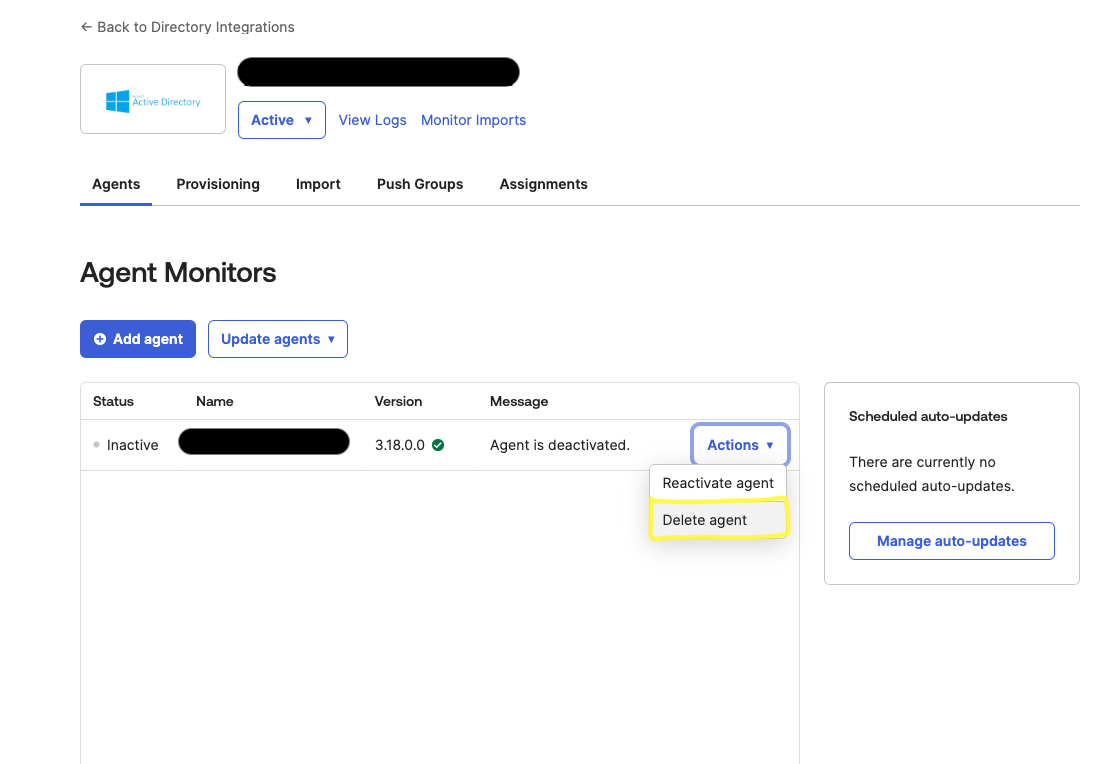 Screenshot of UI with option to Delete agent