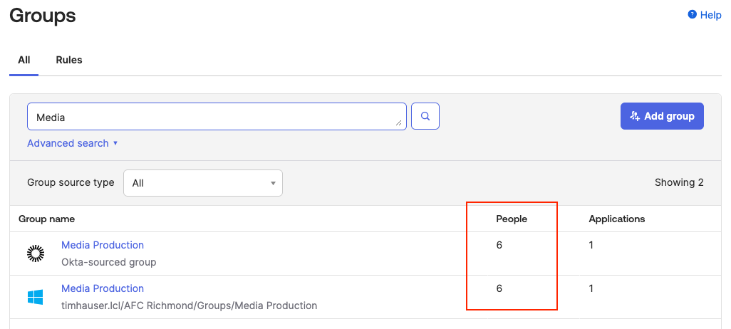 Okta Admin Groups - Okta and AD group displayed, membership count match