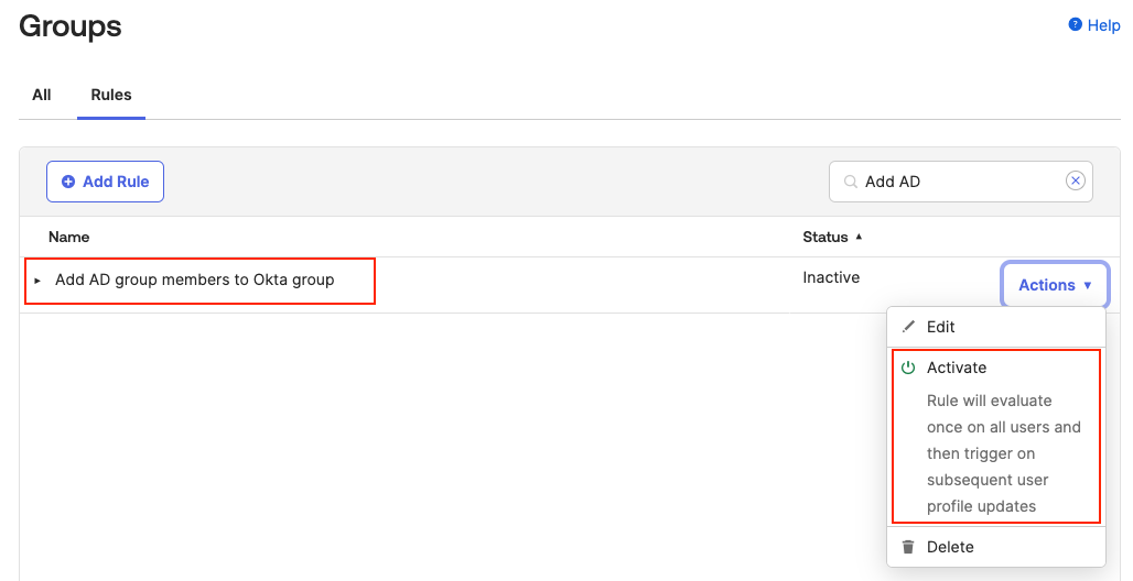 Activate Okta Group Rule