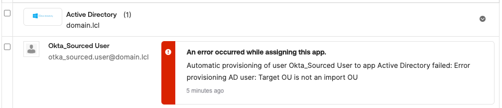 Admin Dashboard Tasks - Active Directory Assignment Error - target OU is not an import OU