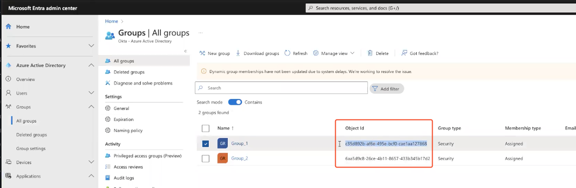 Object ID column of the&nbsp;All groups&nbsp;page