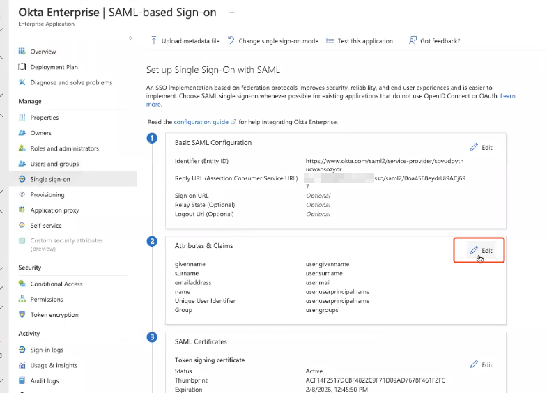 Attributes and Claims&nbsp;setting