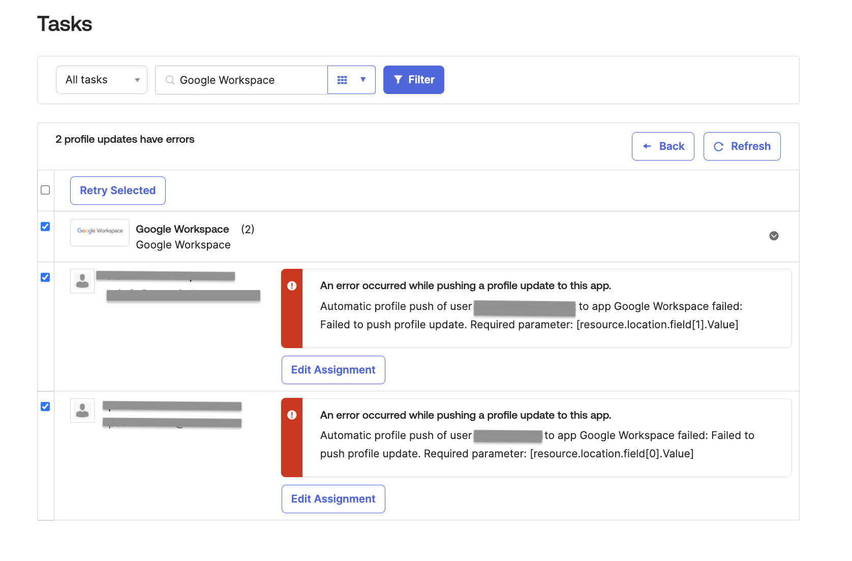 Google Workspace Provisioning Error "FAILURE: Required parameter ...