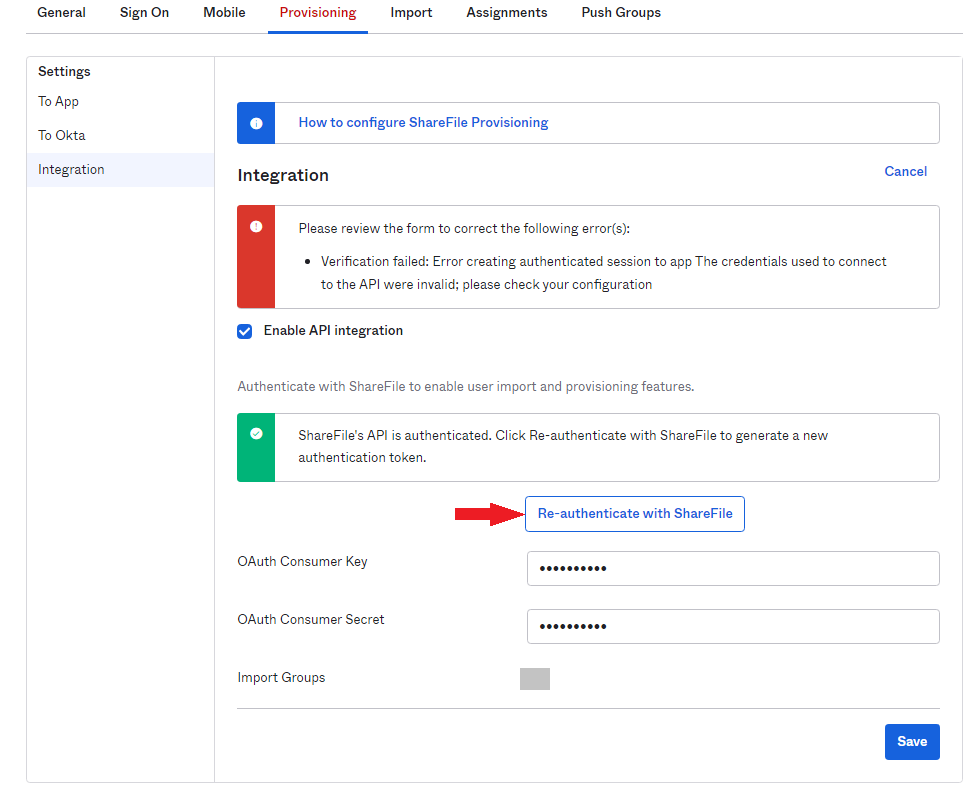 Re-authenticate with ShareFile button