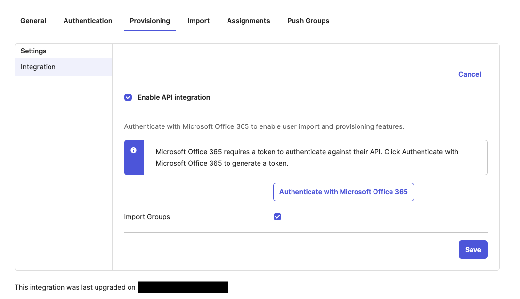 Authenticate with Microsoft Office 365&nbsp;button