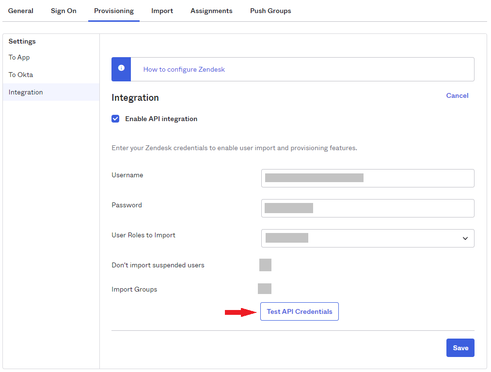 Test API credentials button