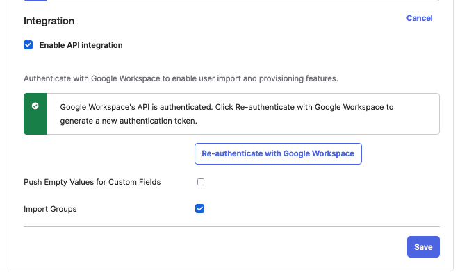 Re-authenticate with Google Workspace button