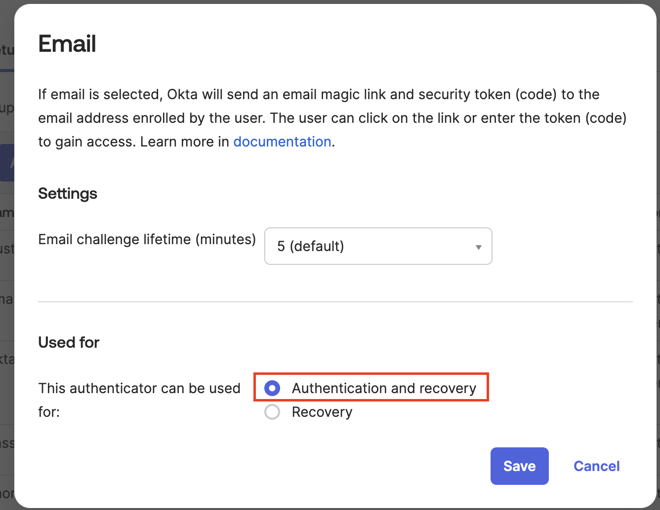 "Authentication and recovery" option