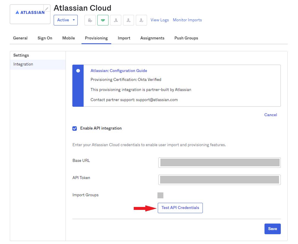 Test API Credentials button