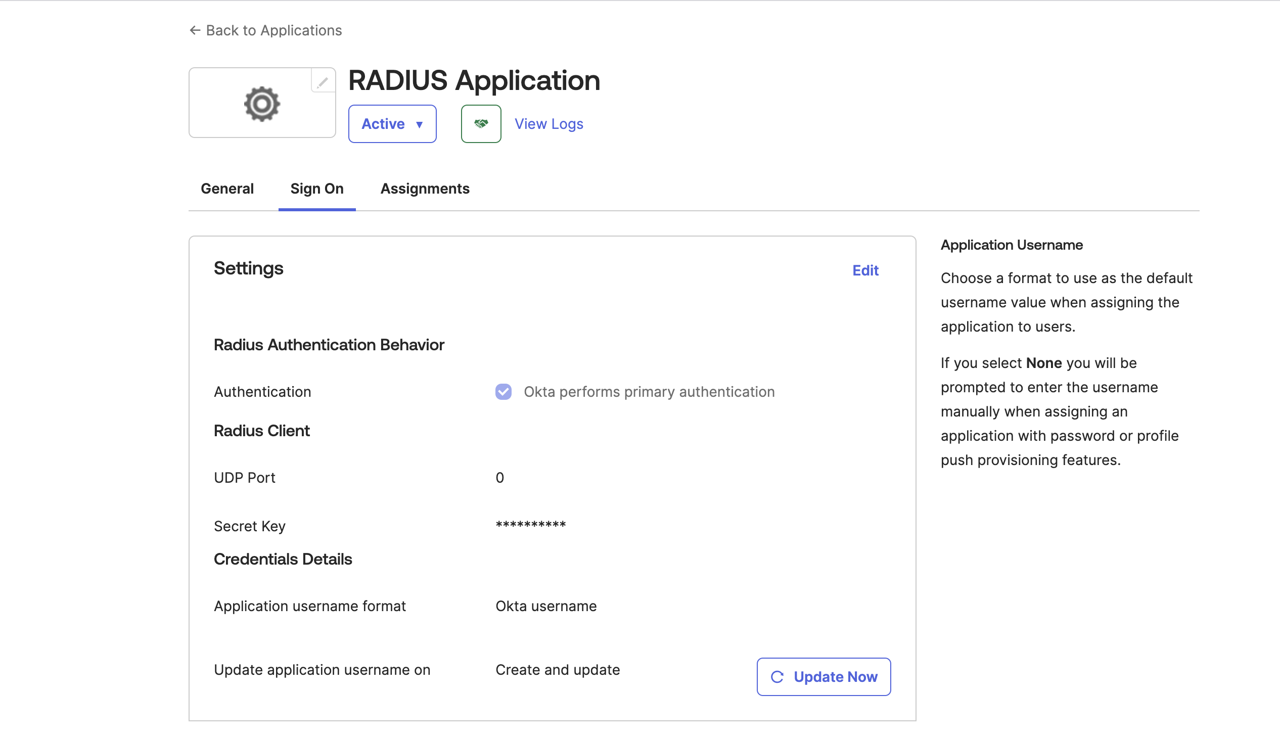 RADIUS configuration in ‘App Model’ with configuration in Okta app