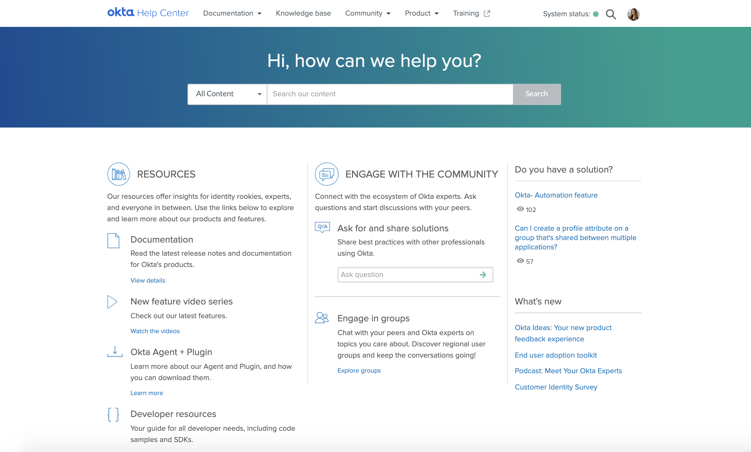 Okta Support Center homepage