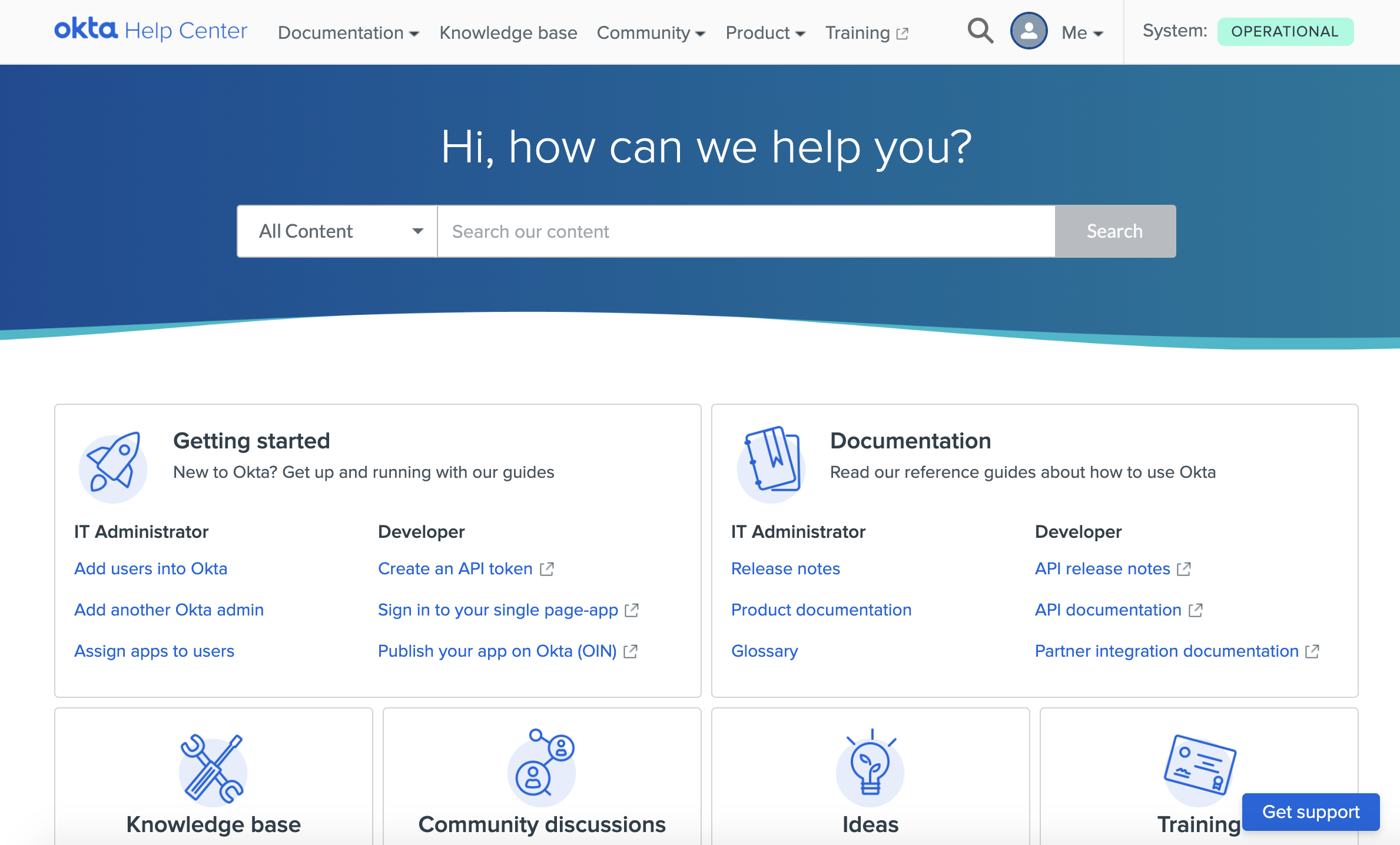 Okta Support Center homepage
