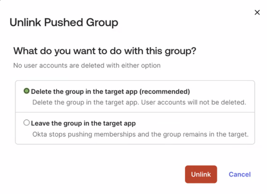 "Delete the group in the target app (recommended)" option