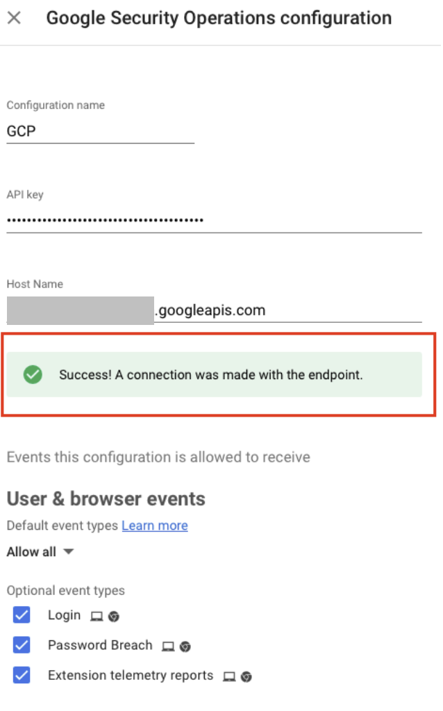 Connection successful&nbsp;message