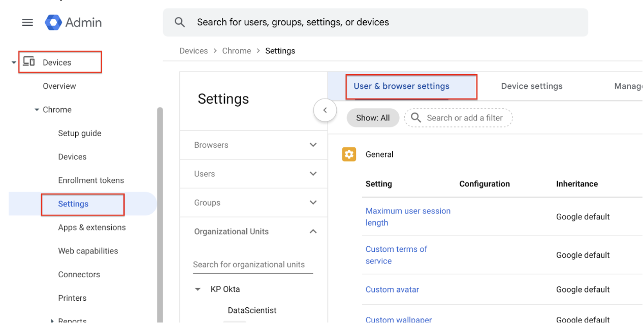 User & Browser Settings