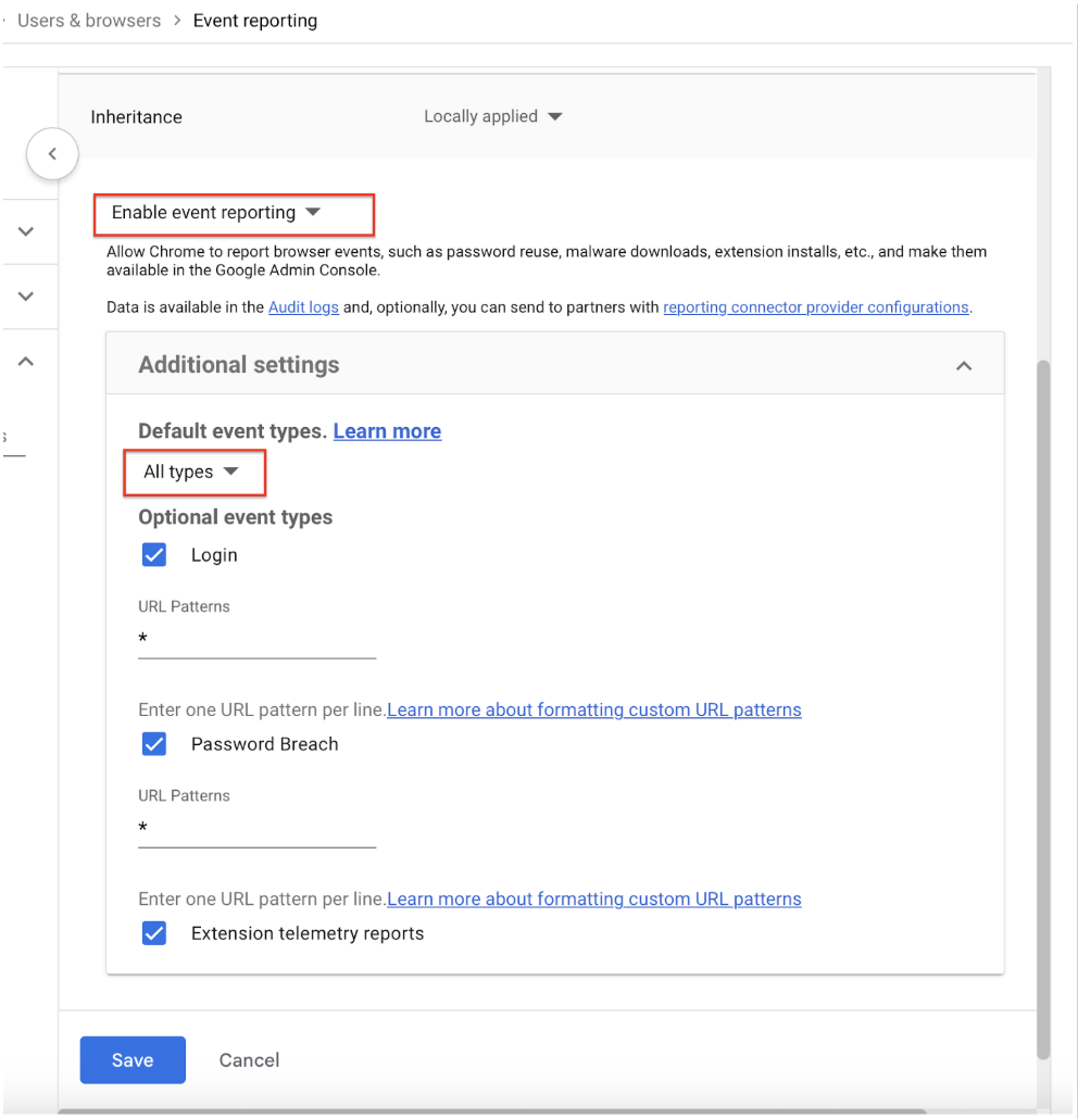 Event Reporting section