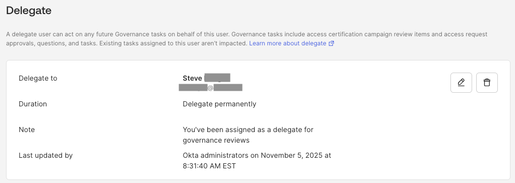 Screenshot of delegate assigned after clicking save