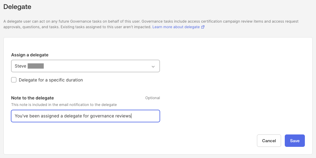 Screenshot of assigning a delegate and adding a note