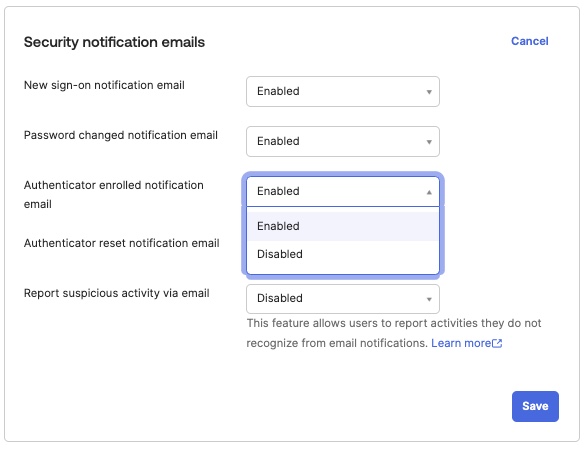 Security notification emails screenshot