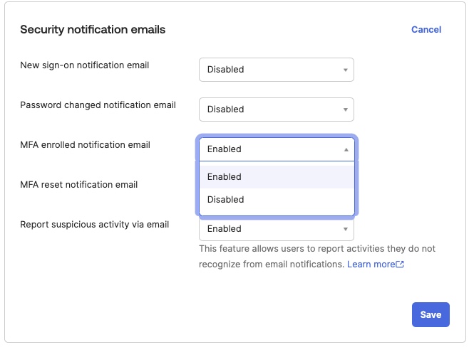 Security notification emails Okta Classic screenshot