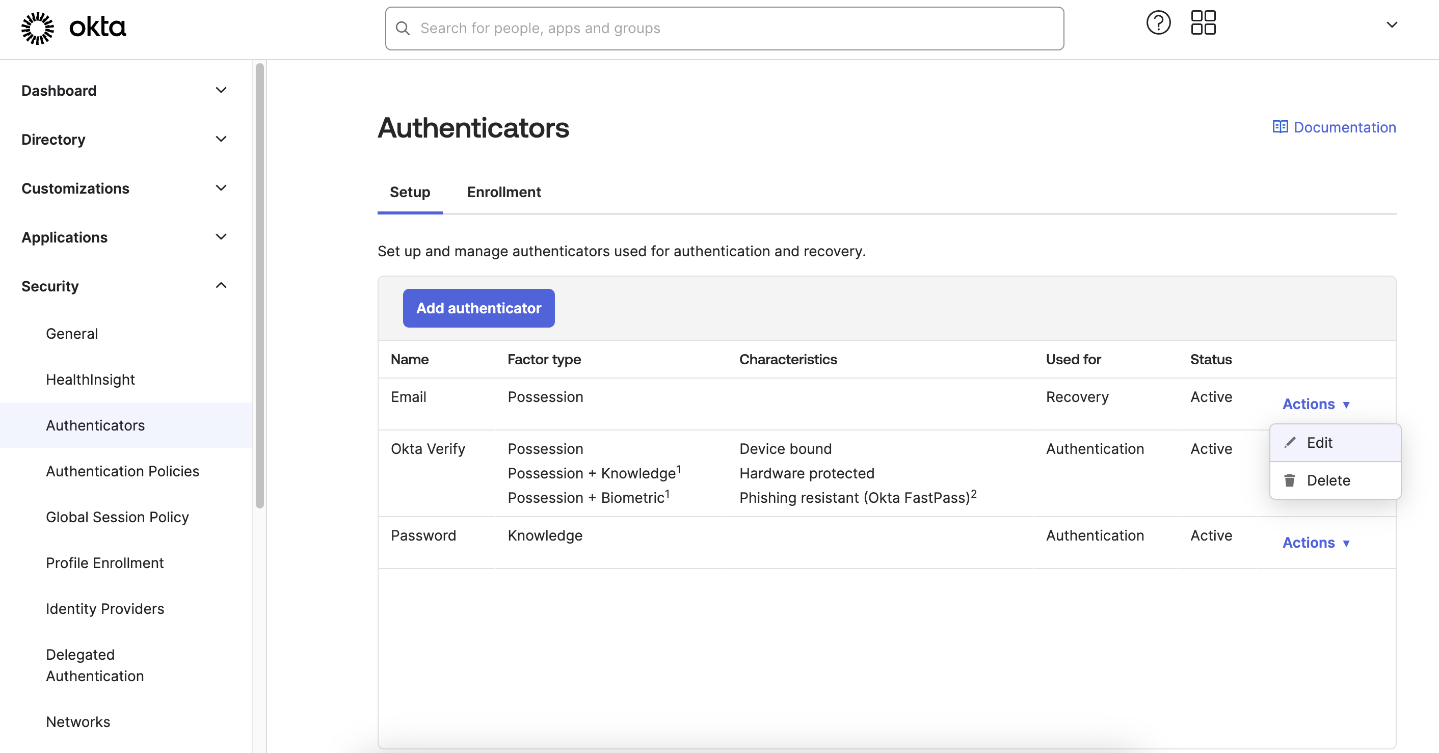 Authenticators menu within the Security section of the Admin Console