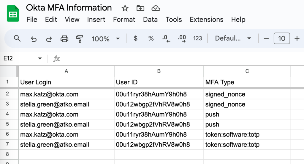 Spreadsheet with user MFA information