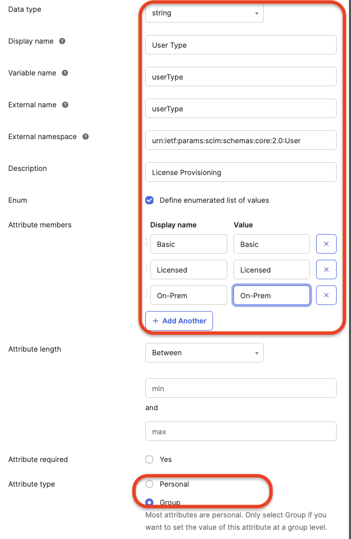 create new app attribute - userType with group type