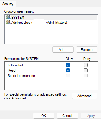 Windows permissions window