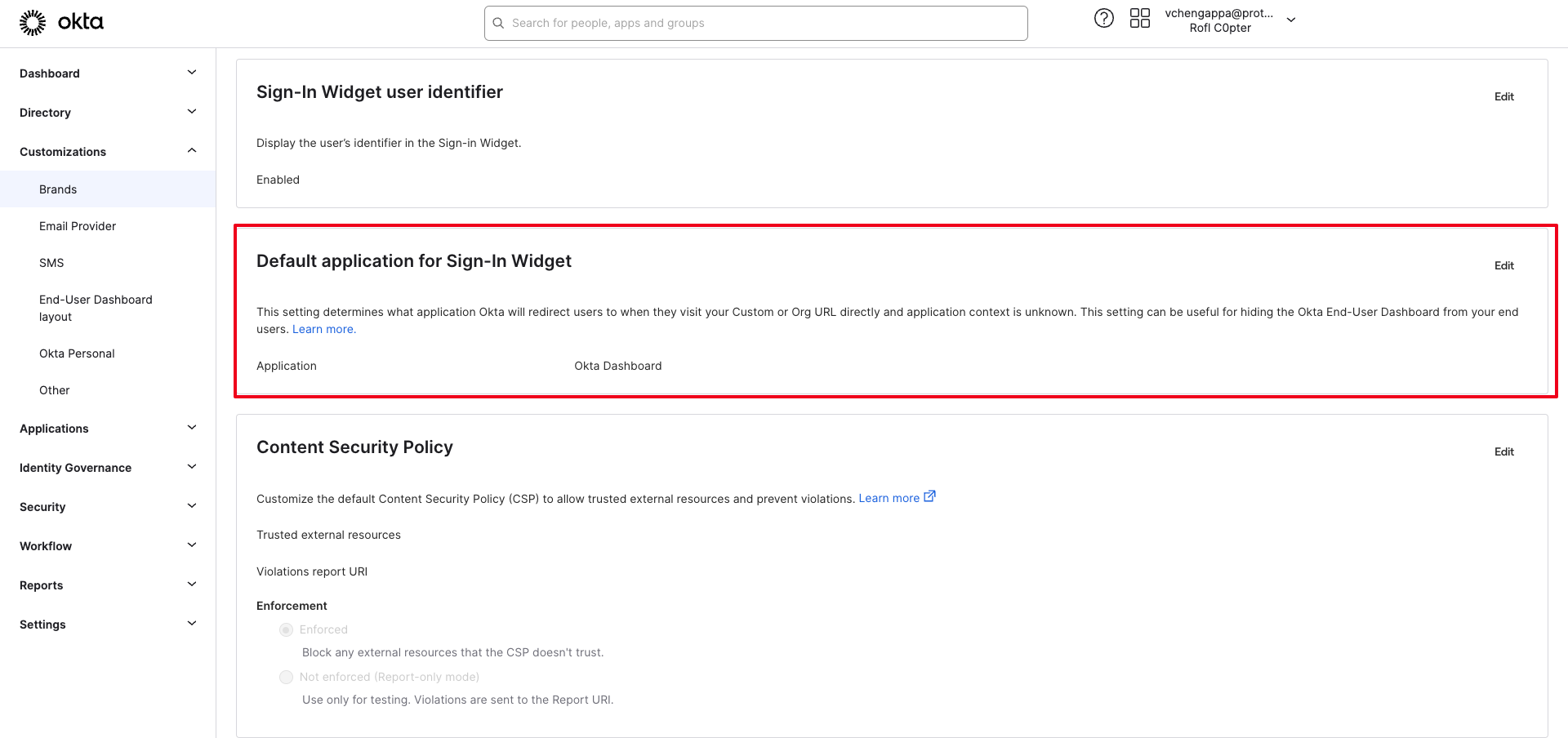 Default application for Sign-In Widget