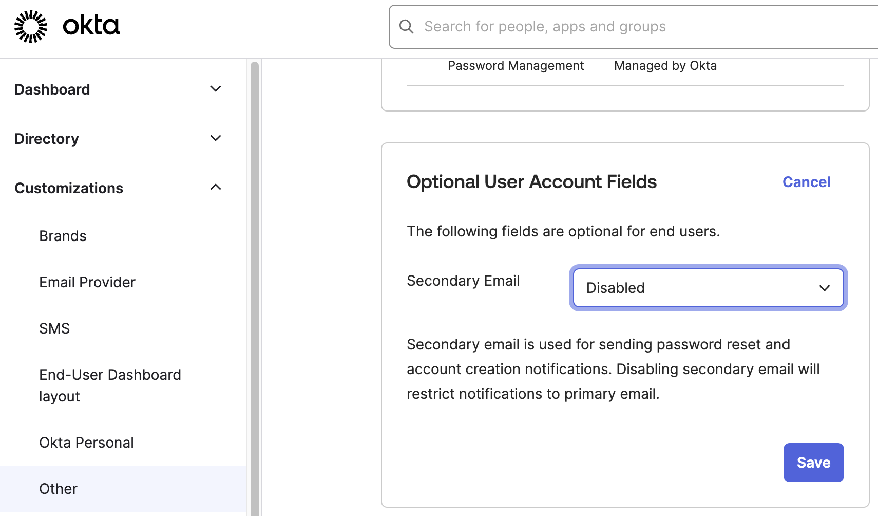 Disabling the secondary email